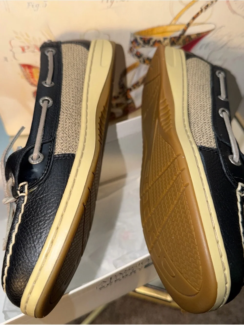 Sperry black Leather Boat Shoes with Cream Trim